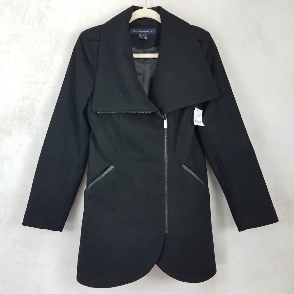 NWT French Connection Wool Coat Black Asymmetrical Zipper Tulip Hem Women XS